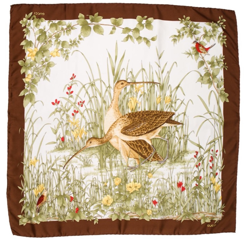 Gucci Scarf 32x32 silk bird nature wildlife earthy